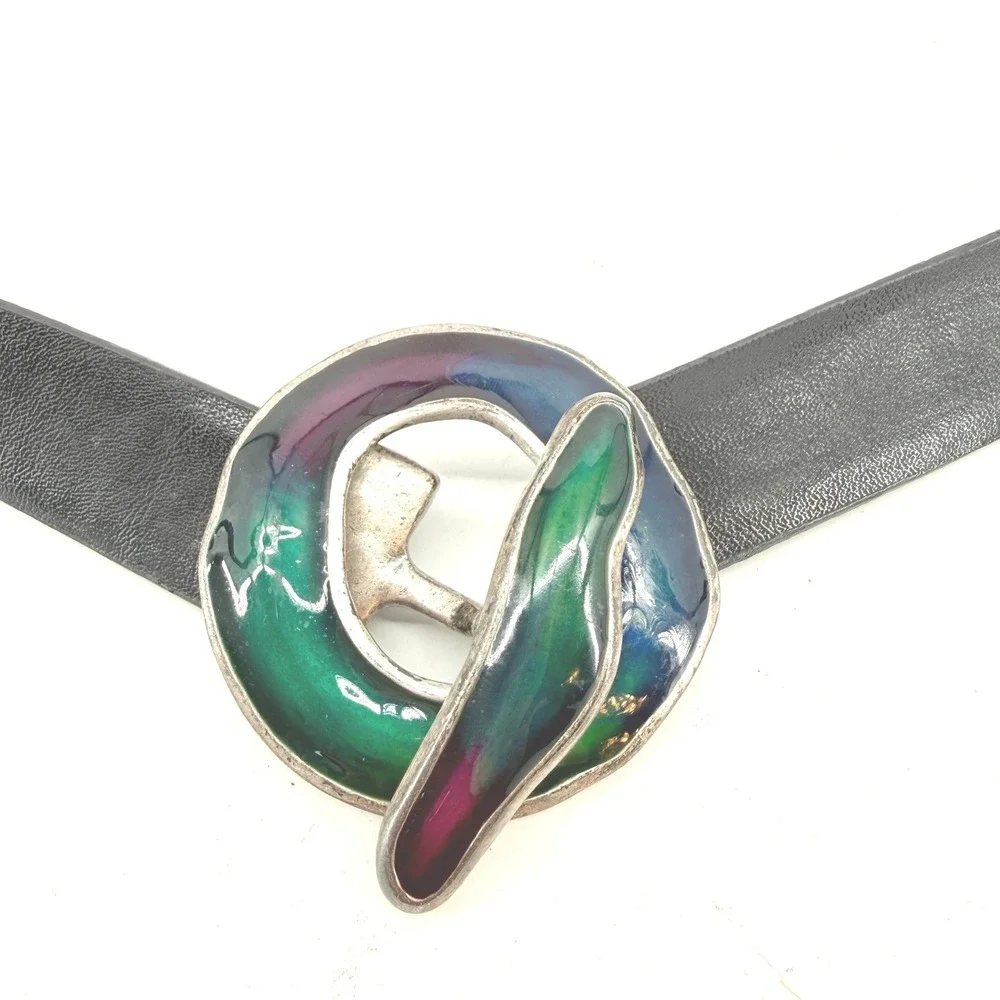 Chicos Enamel Buckle Belt Womens ML Black Leather Multi Color Artisan Vintage